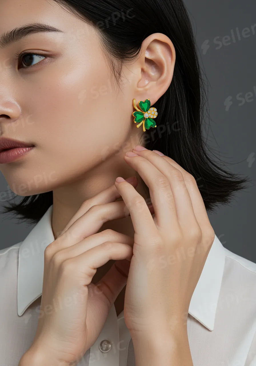 Green Clover Heart Dangle Earrings