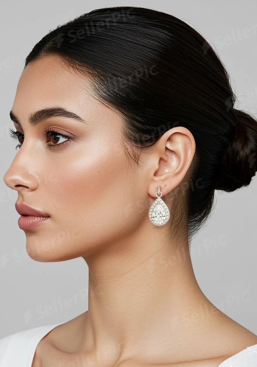 Teardrop Halo Crystal Earrings (Silver Base)