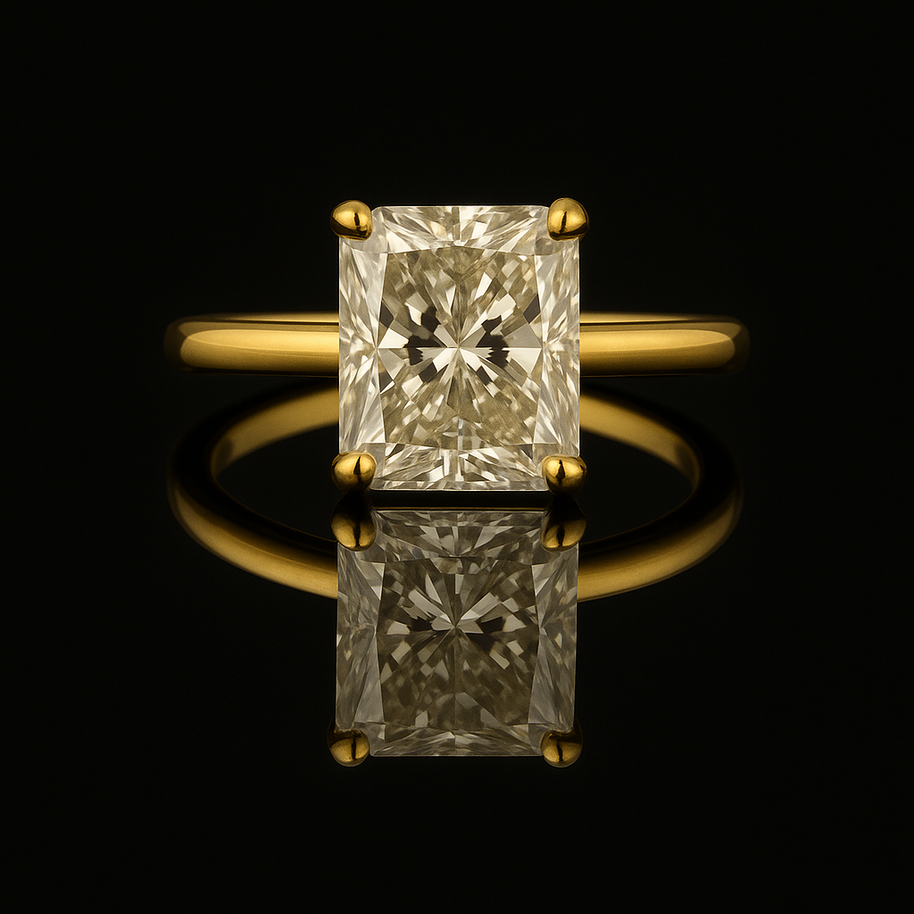 Radiant-Cut Moissanite Engagement Ring in Yellow Gold – D Color, VVS1 Clarity