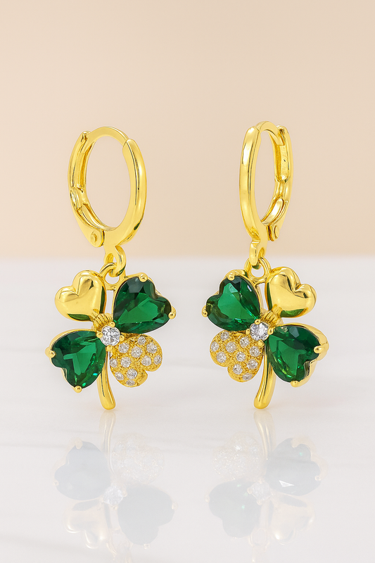 Green Clover Heart Dangle Earrings