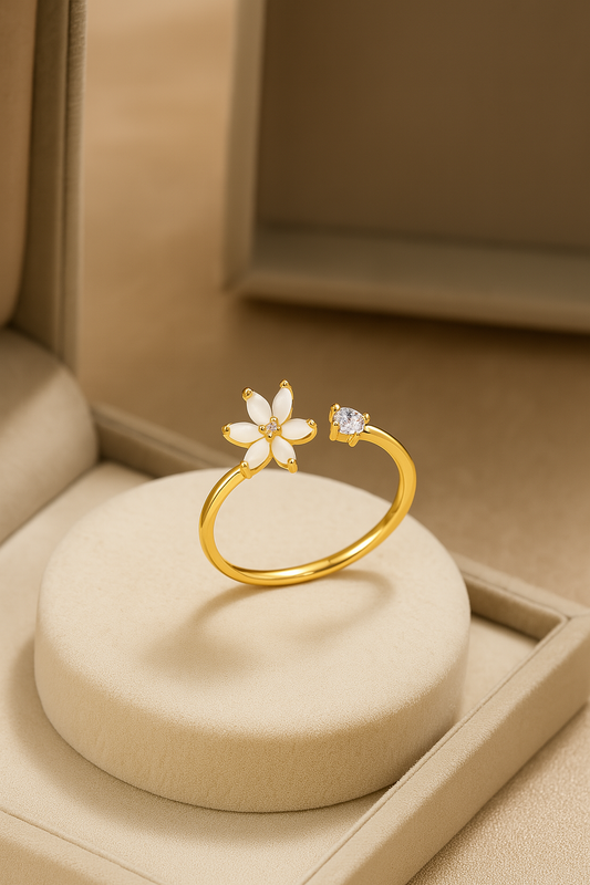 White Flower & Gemstone Open Ring